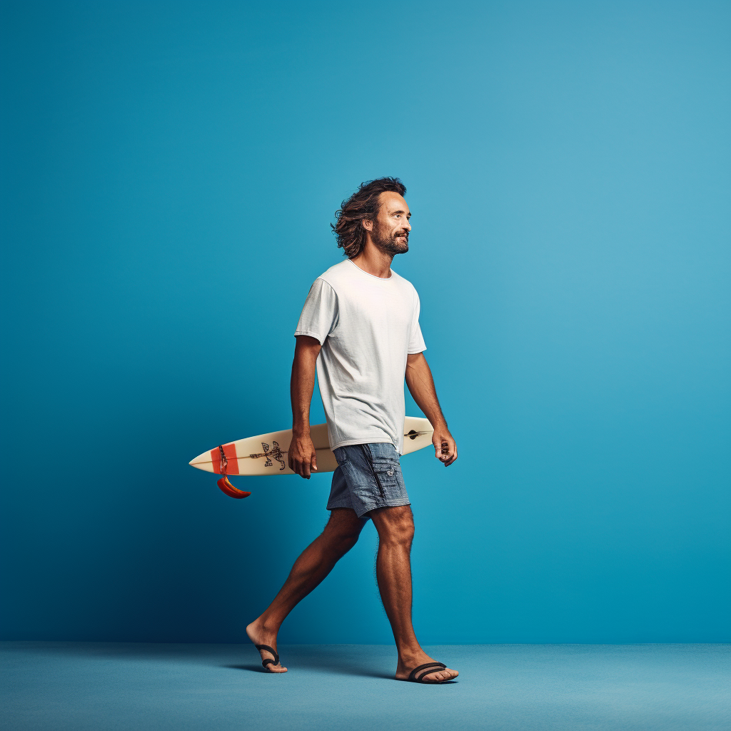 Man with Surfboard on Blue Backdrop