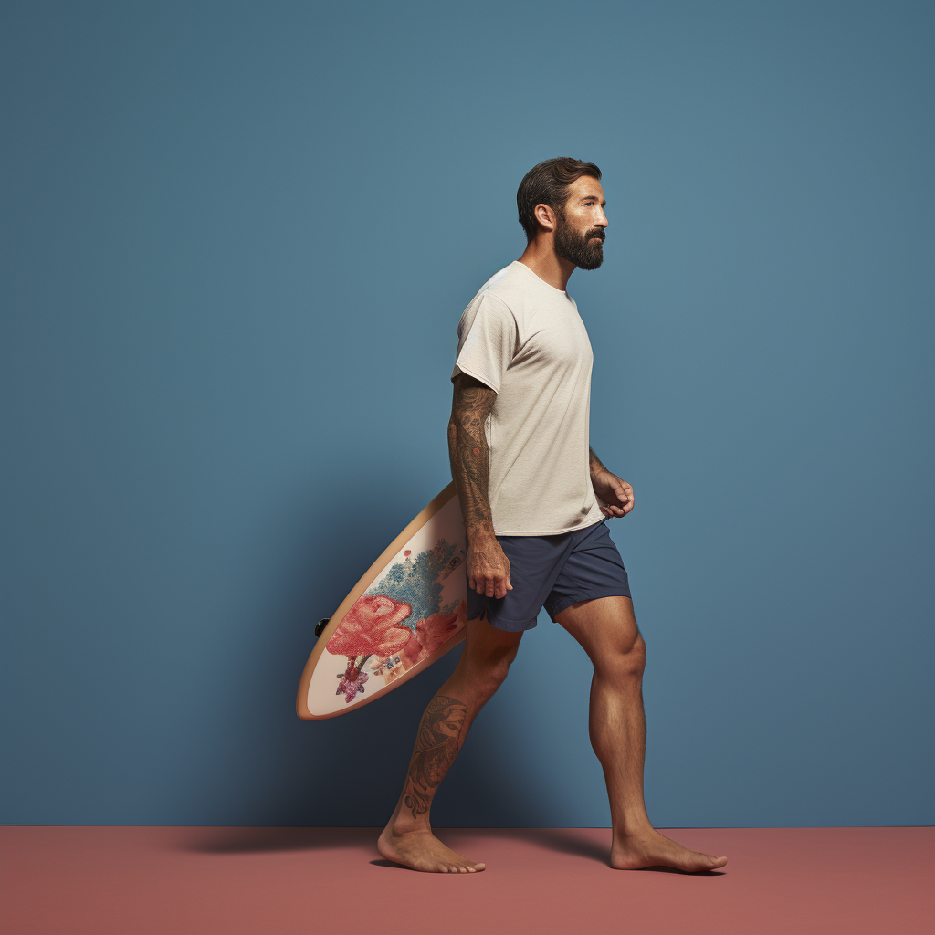 Man walking with surfboard in blue studio