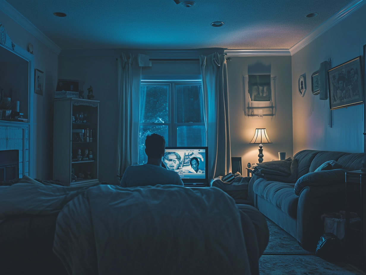 Man watching news upset in living room