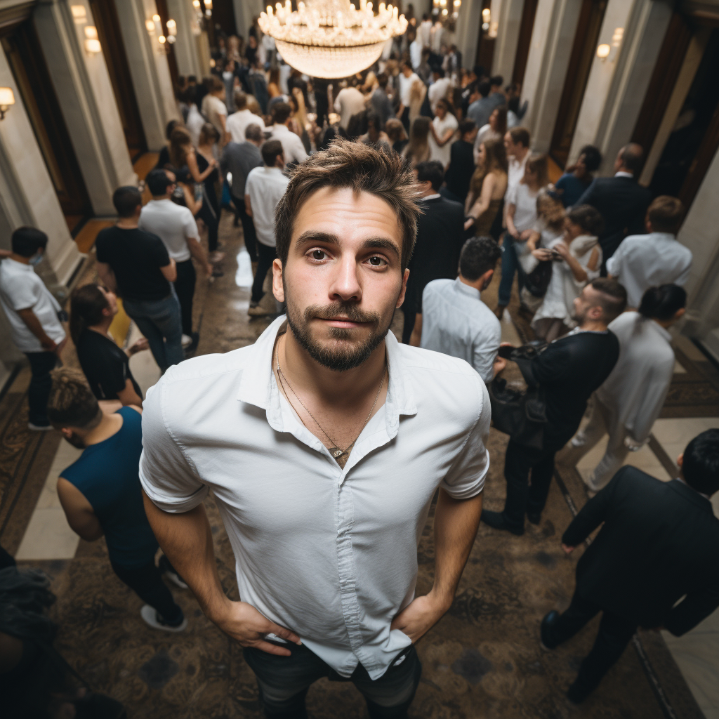 Man in Dirty Tee Shirt and Jeans at Luxury Wedding