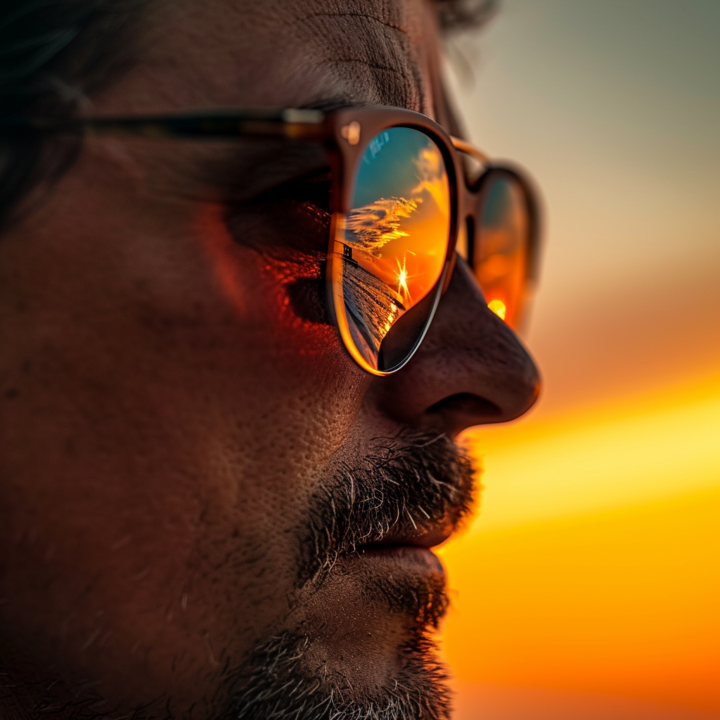 Man's sunglasses reflecting sunset colors