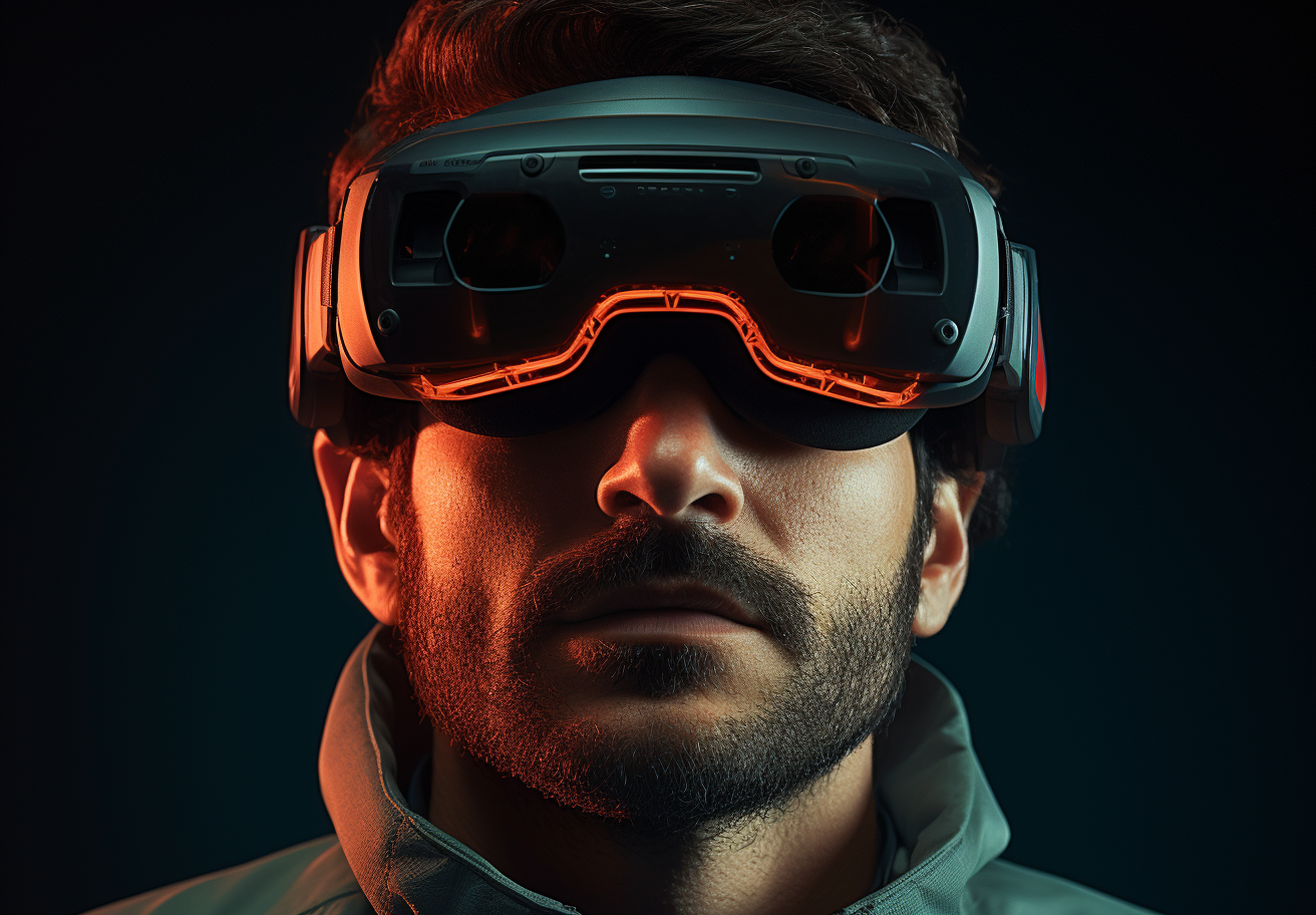 Man wearing virtual goggle on one eye