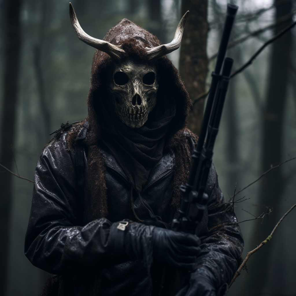 Man with Wendigo Skull in Dark Forest