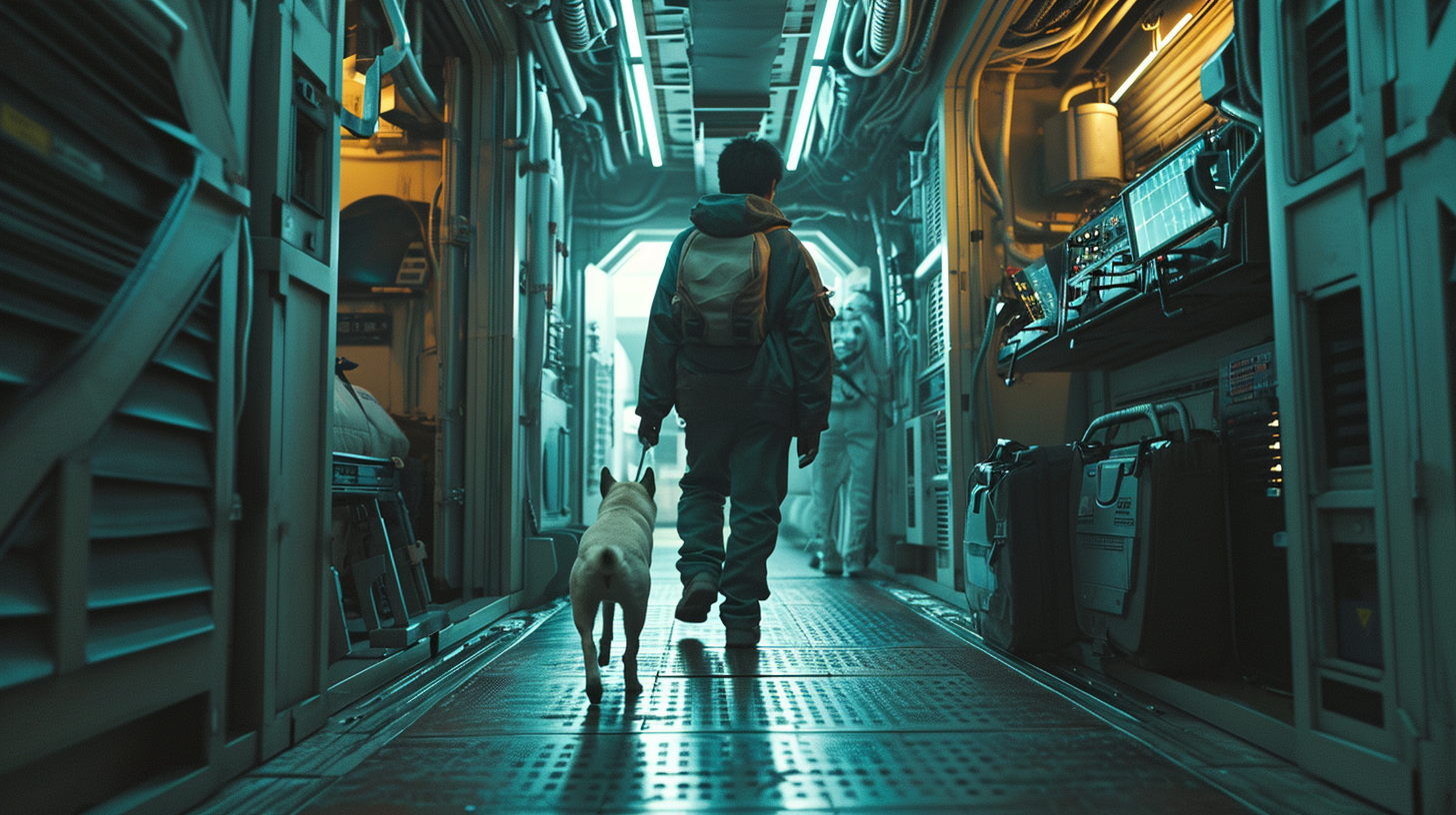 Man and his Shiba Inu leaving spaceship