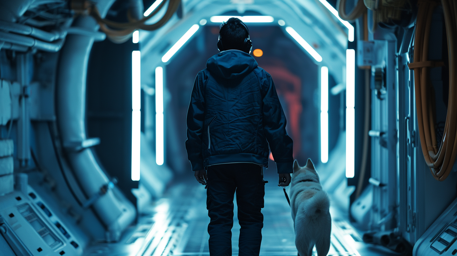 Man and White Shiba Inu Exiting Spaceship