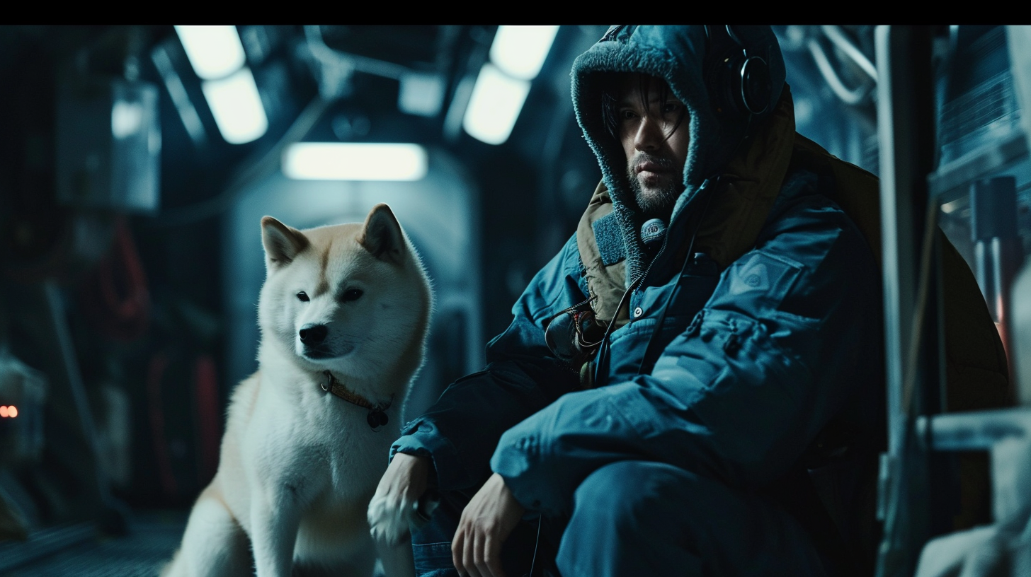 Man and White Shiba Inu in Spaceship