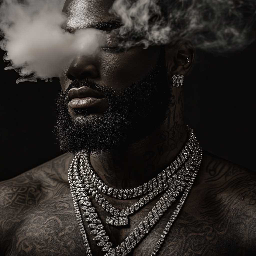 man with beard, chains, smoke, tattoos, dramatic lighting