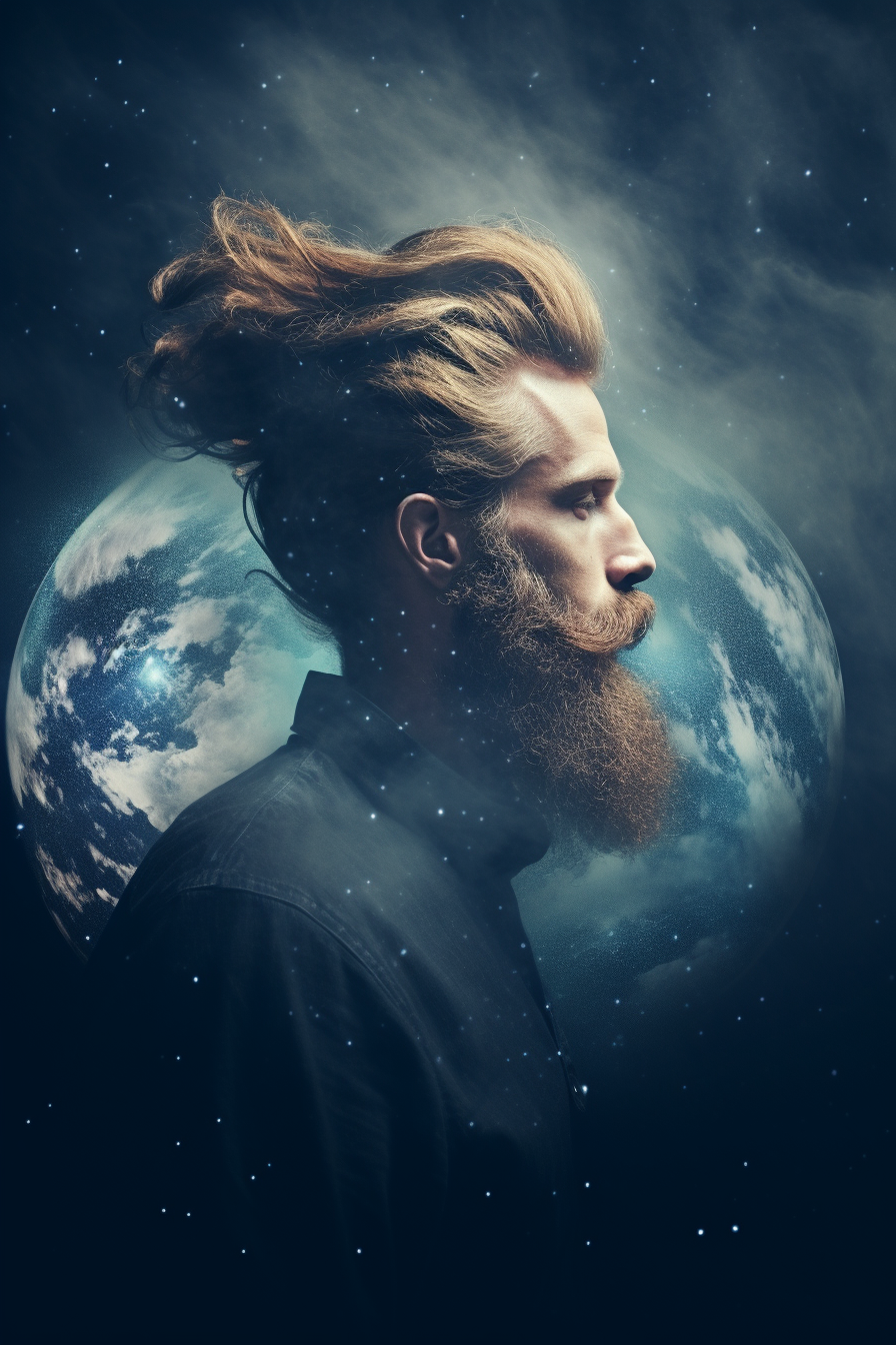 artistic double exposure of man with long beard and earth