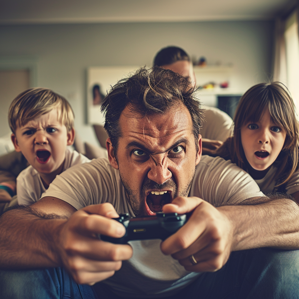 Angry man with family