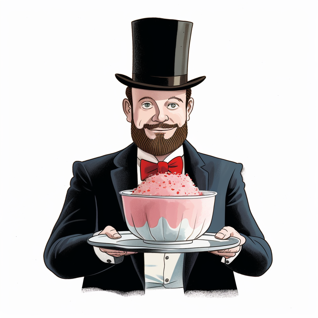 Cartoon man with top hat and trifle