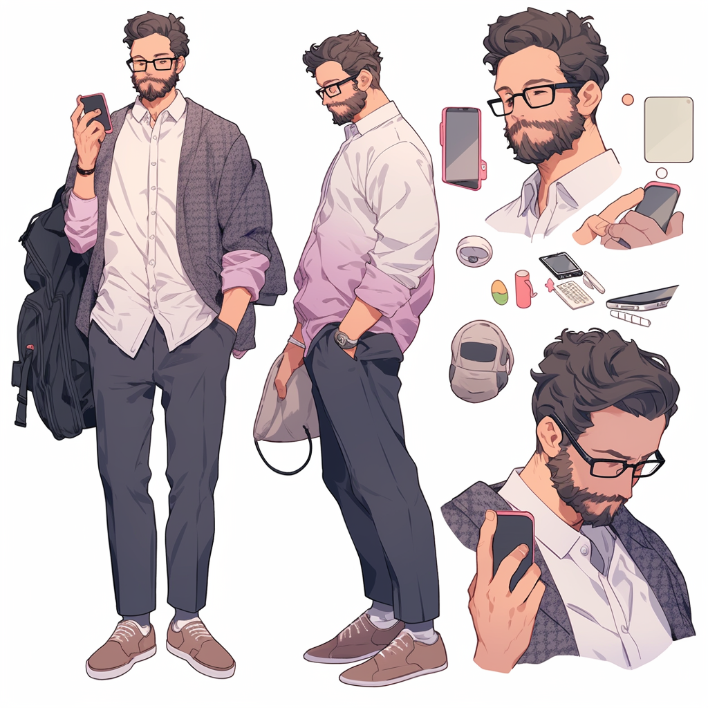 Man with unkempt hair and stubbly beard using smartphone