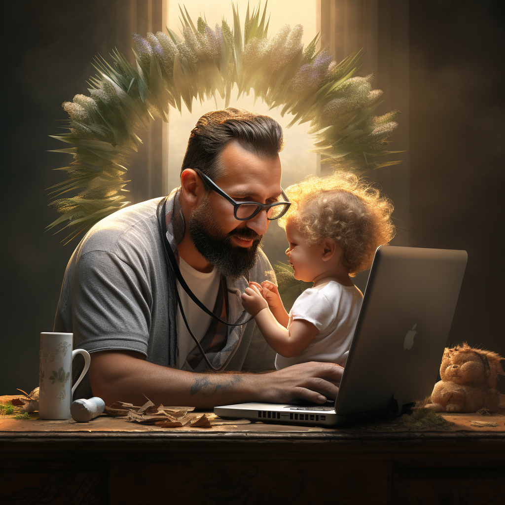 Man with Wheat Wreath and Laptop Holding Baby