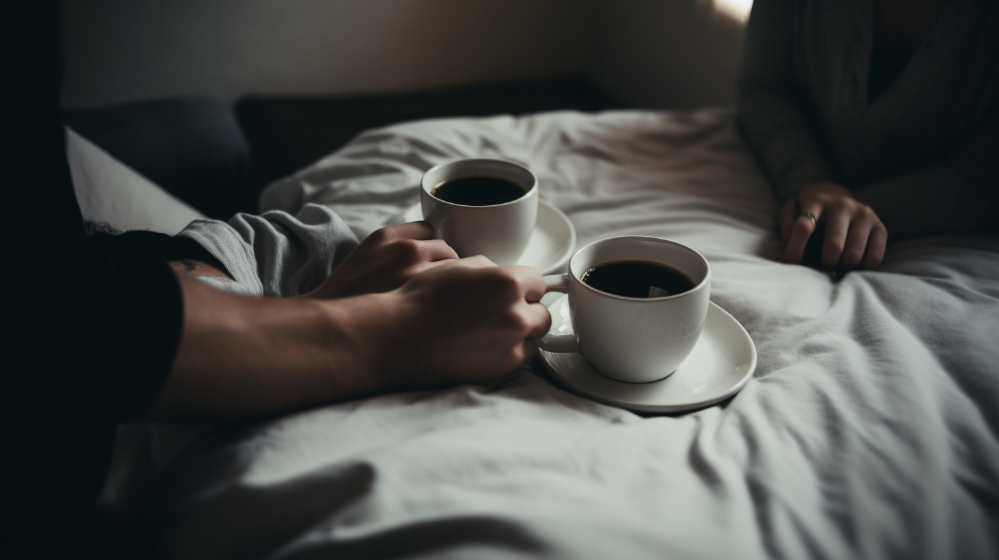 Couple in bed drinking coffee drawing