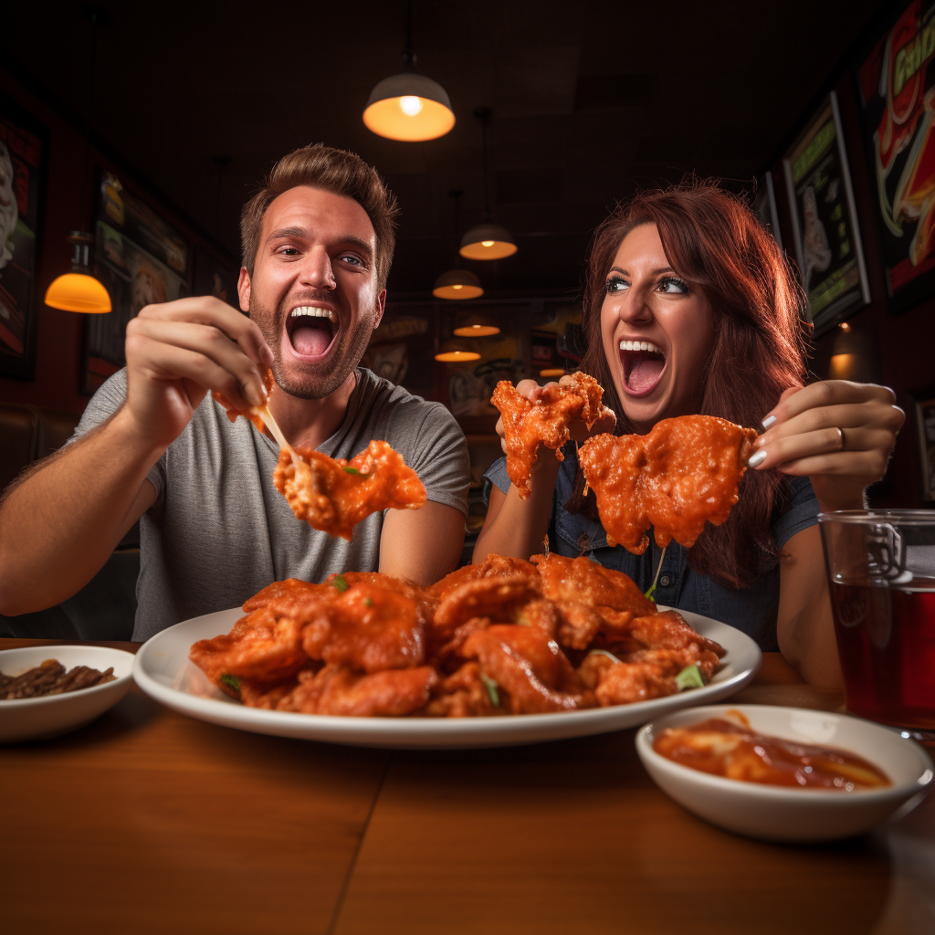 Man and woman enjoying buffalo chicken wings with ranch