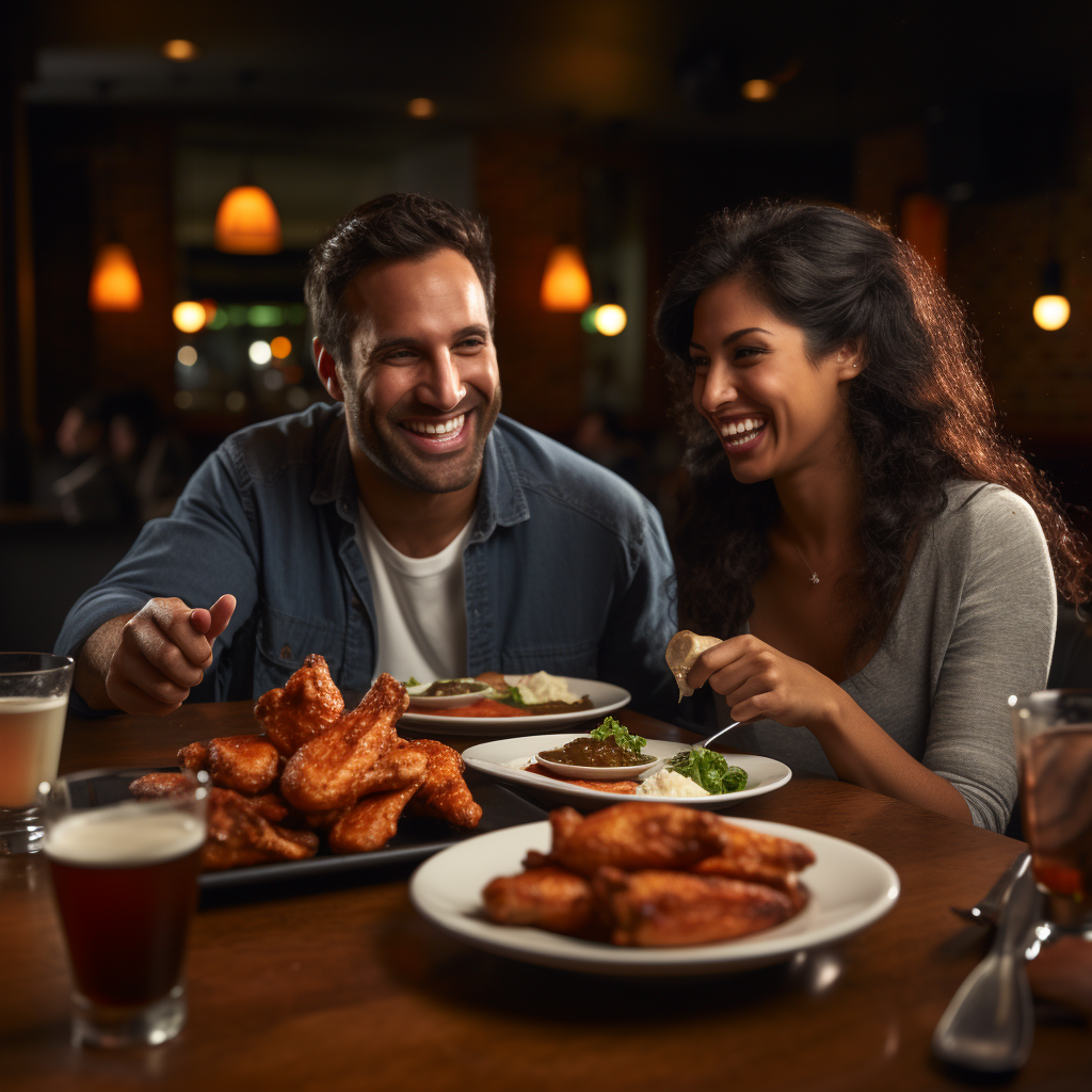 Couple enjoying saucy chicken wings