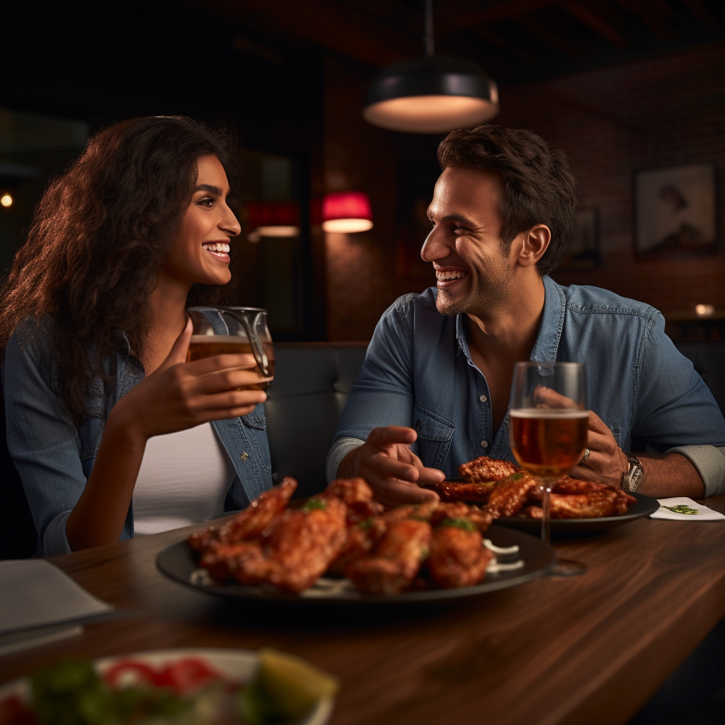 Couple enjoying saucy chicken wings