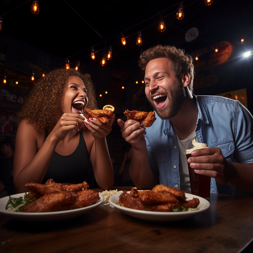 Man and woman enjoying saucy chicken wings