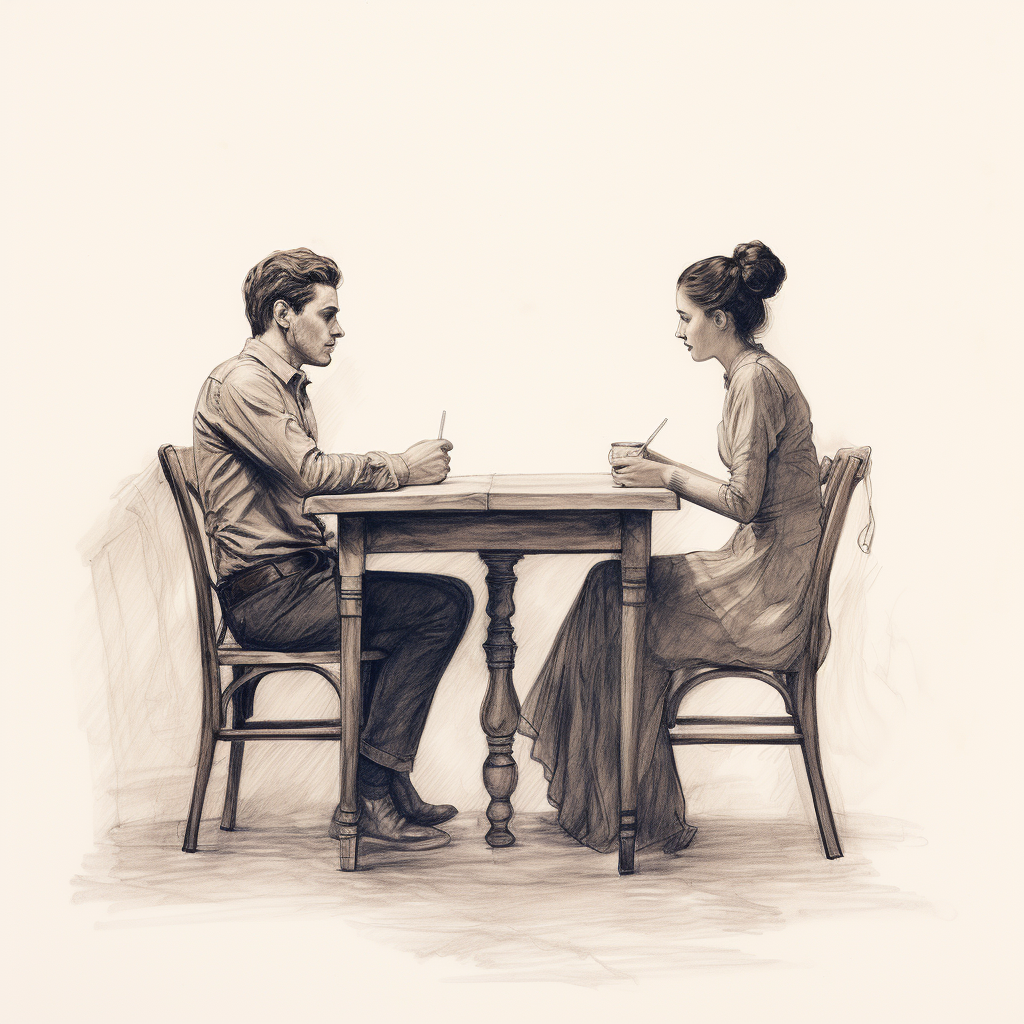 Sketch of man and woman at opposite ends of table