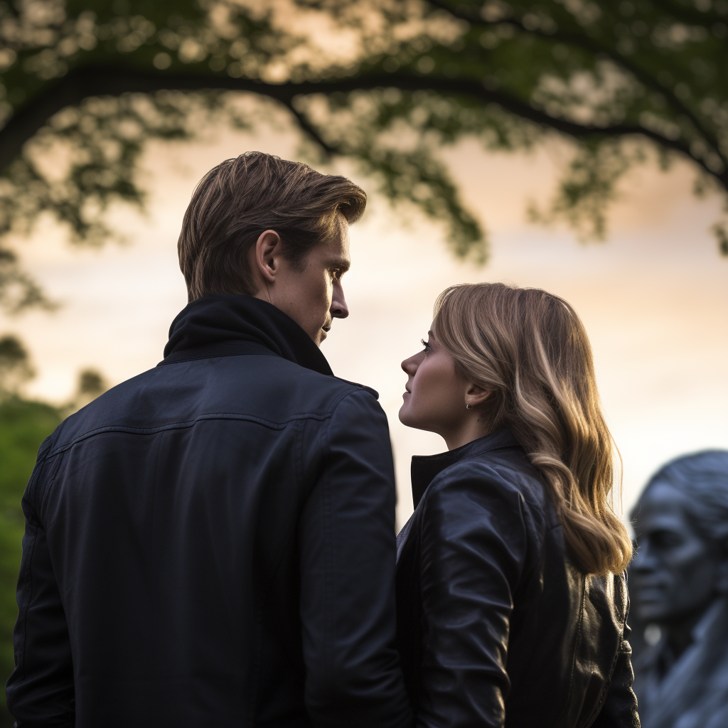 Stylish couple in park at dusk