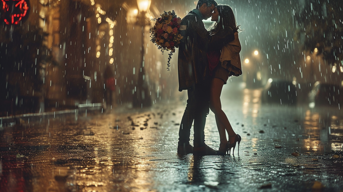 Couple sharing romantic rain kiss