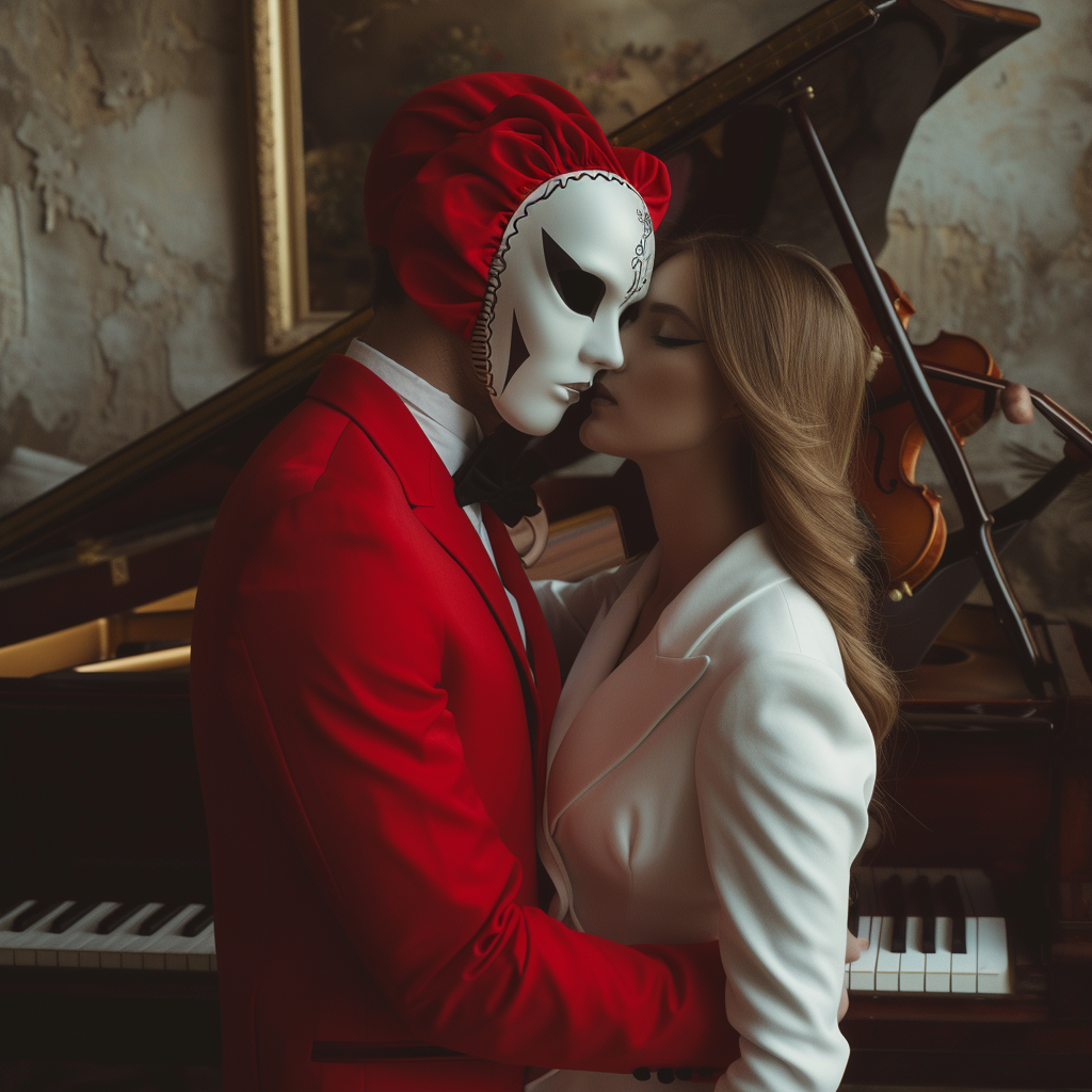 realistic man and woman with symbol mask in studio