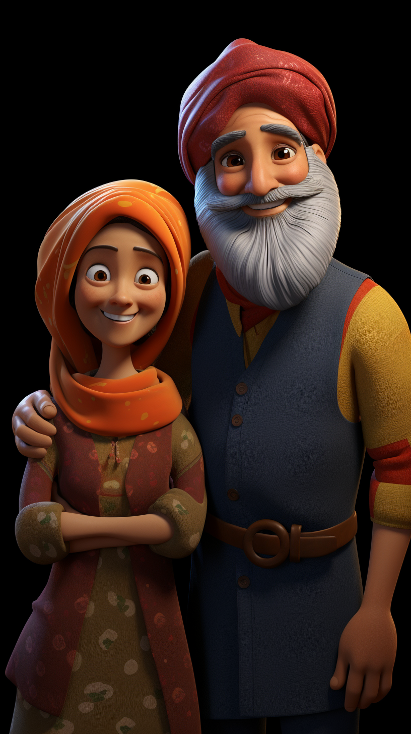 Turban-wearing man and woman in animated film style