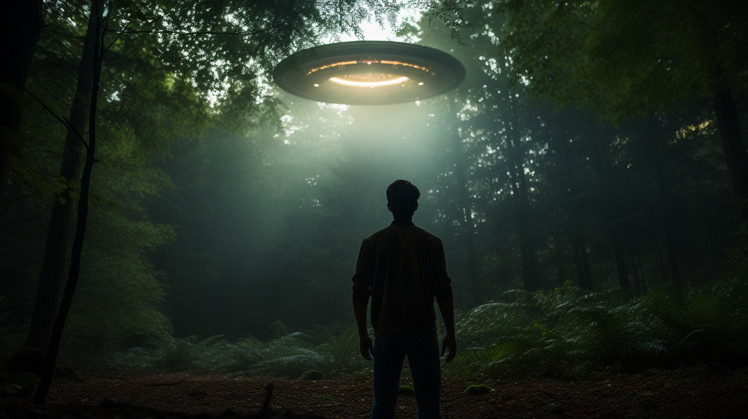 Man standing in woods looking up at UFO