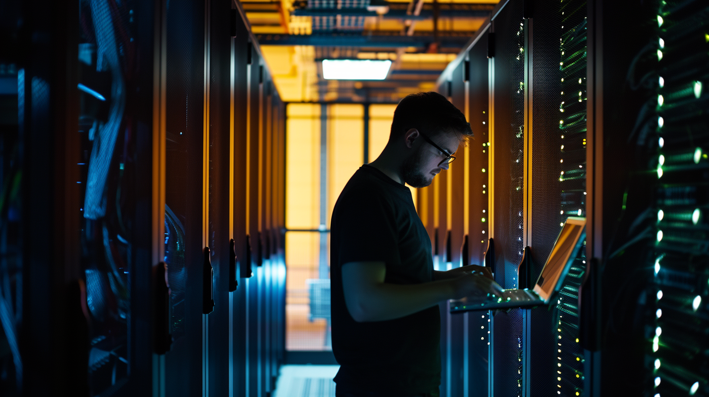 Man working on laptop with server racks background