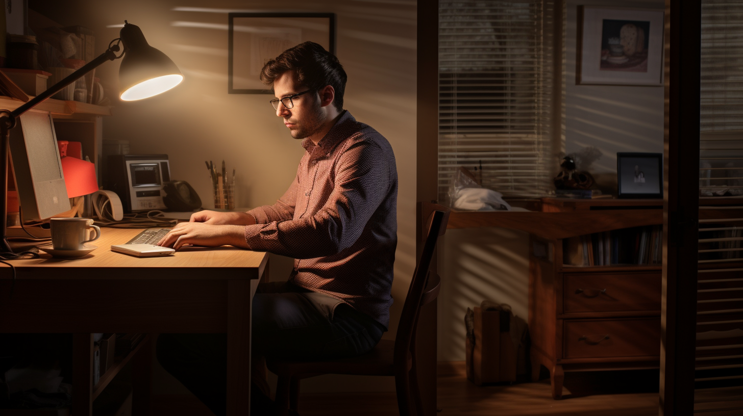 Portrait of a man working in office, home, and looking at camera