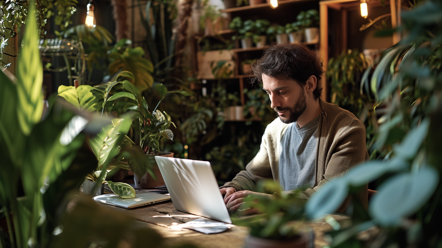 Man working on laptop with Hasselblad camera