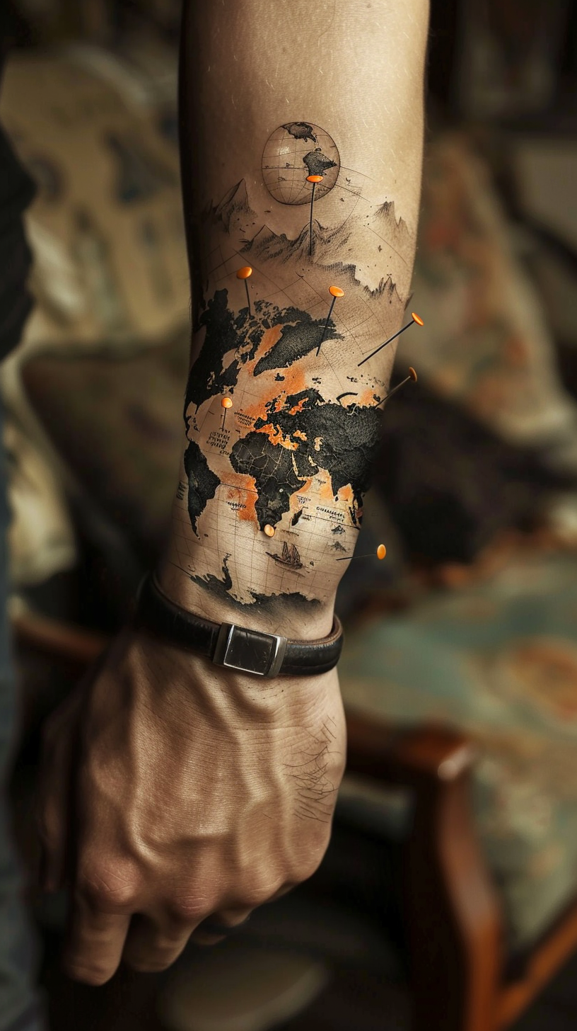 man with world map tattoo