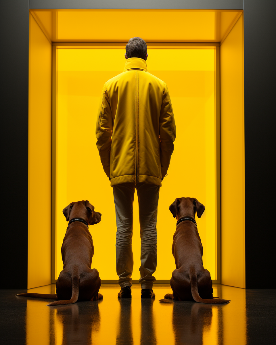 Man in yellow jacket watching dog