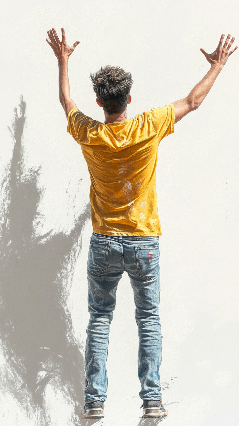 Man in Yellow T-shirt and Jeans Wow Gesture