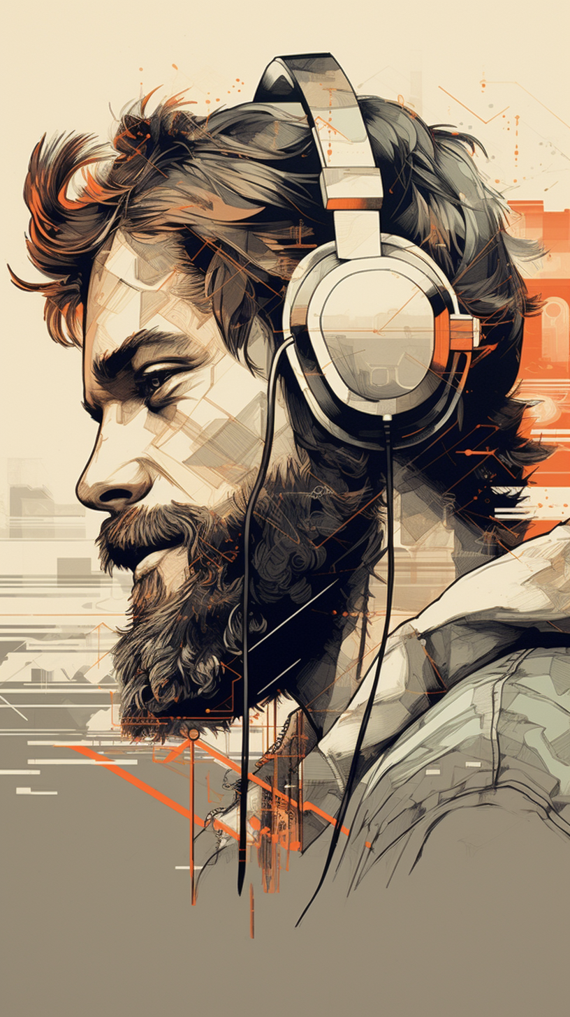 Bearded man with Bang & Olufsen headphone art