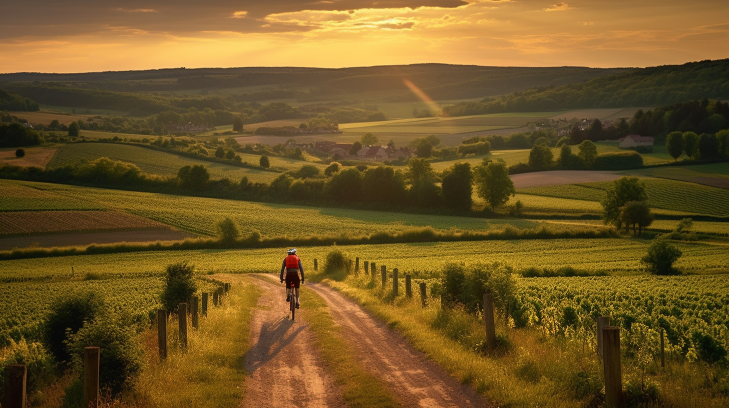 Man on bicycle in Champagne Landscape