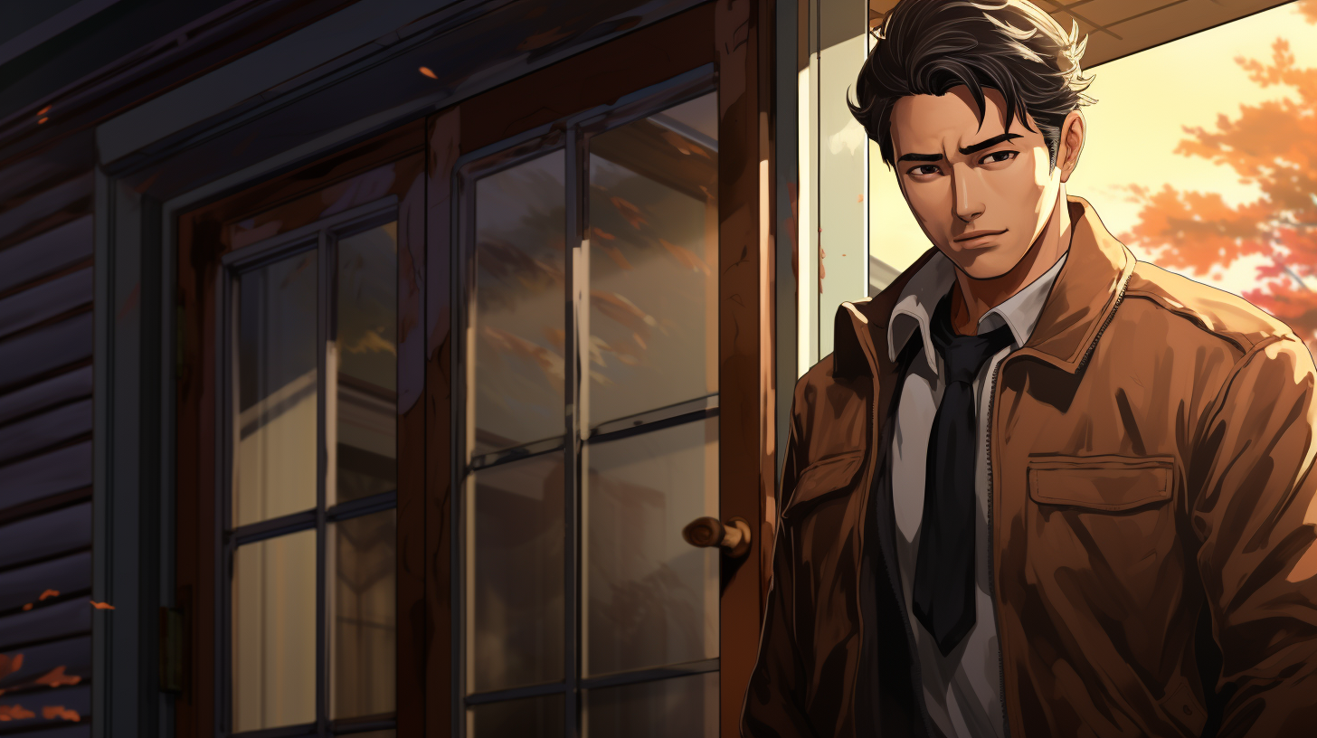Middle-aged man in brown jacket standing outside house