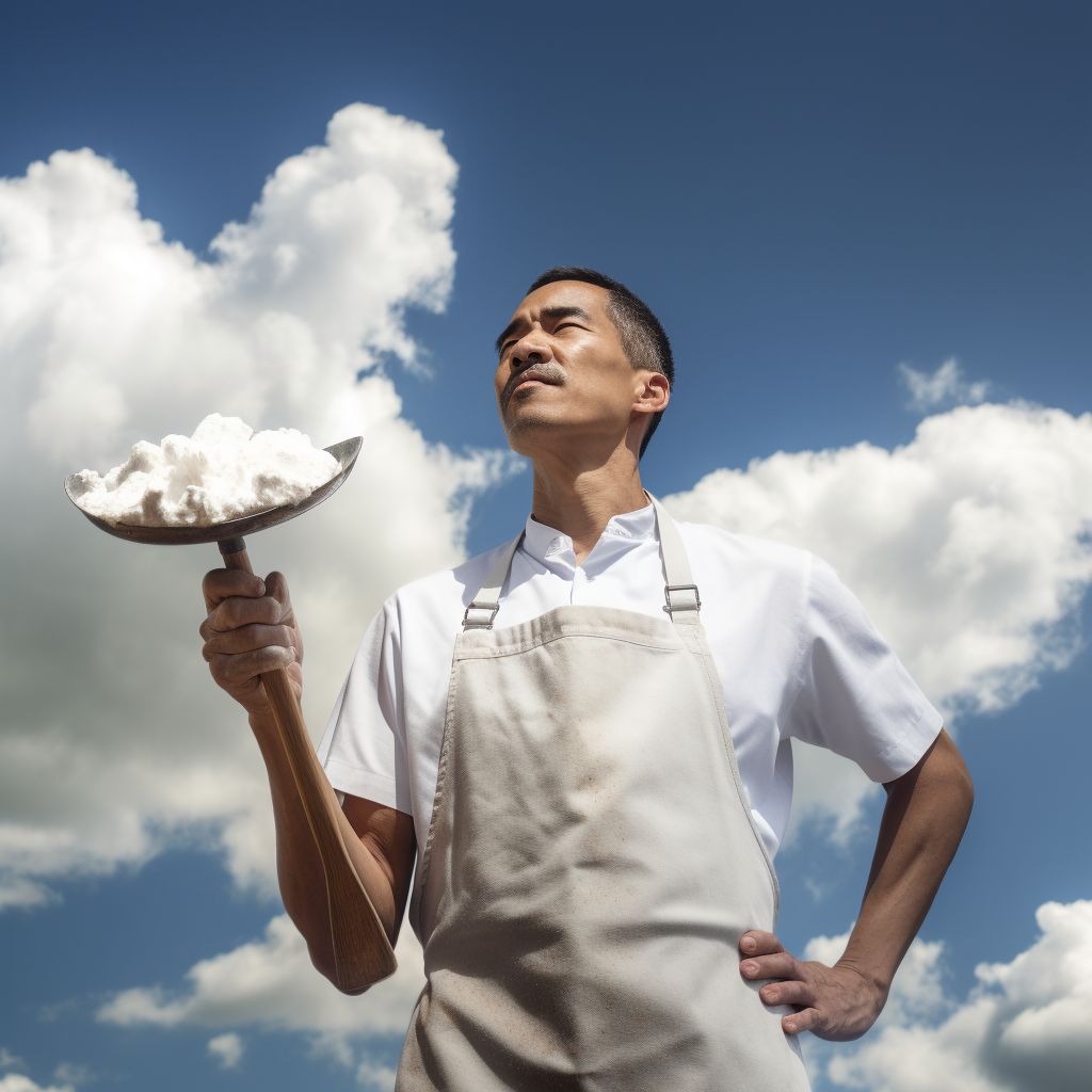 Man wearing apron and holding spatula