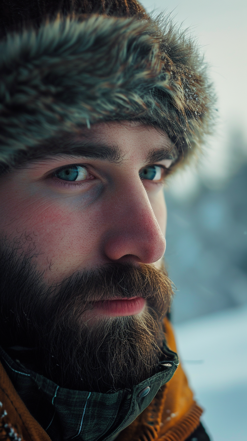 Close up of man looking in camera against winter mountains