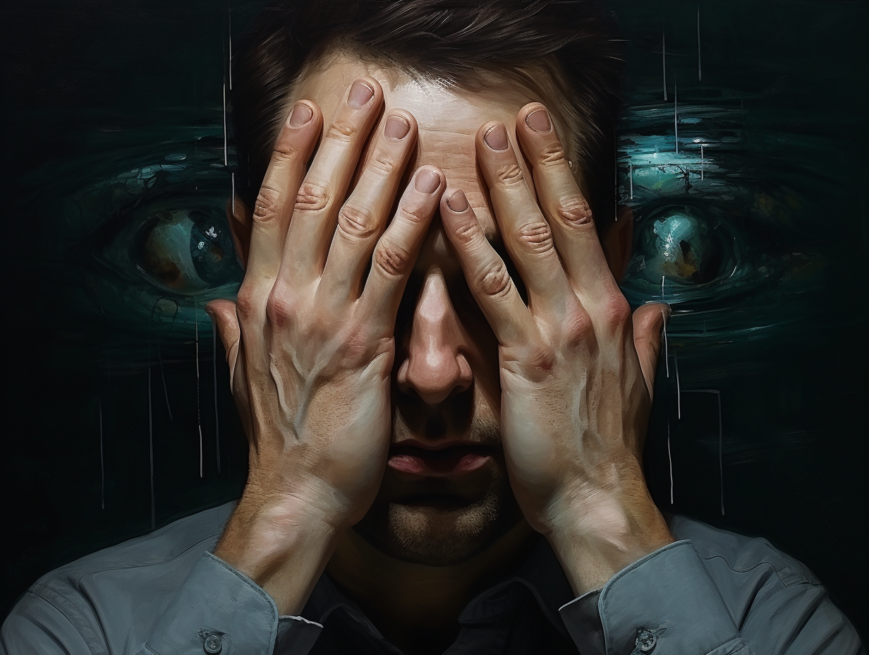 Man closing eyes and hovering hand before face