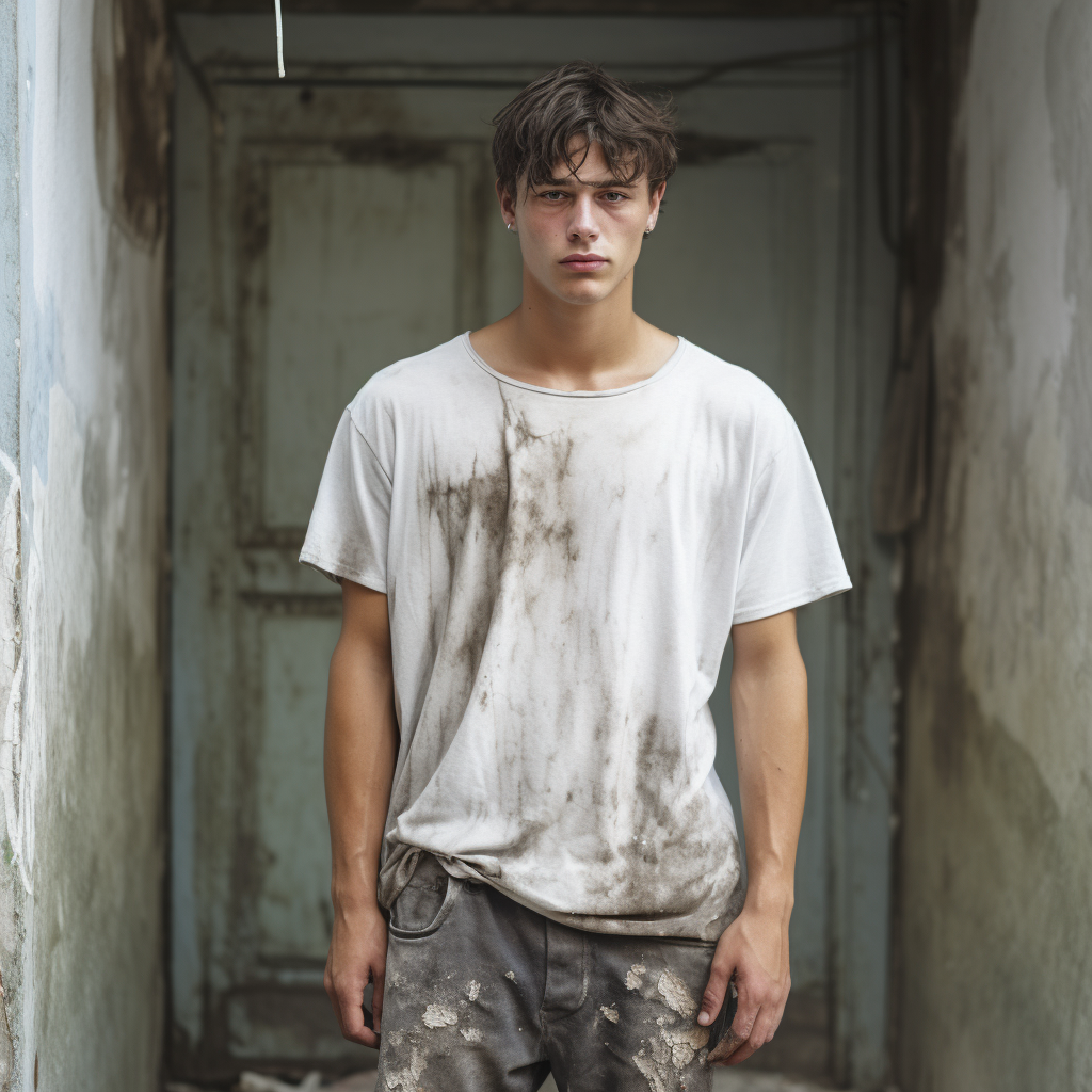 Man wearing dirty tee shirt and jeans