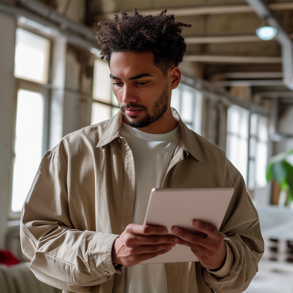 man in photography studio with tablet