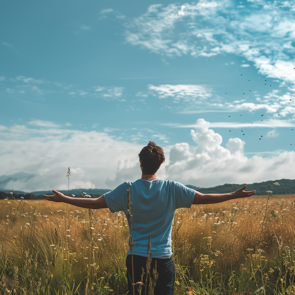 Man looking at sky with open arms