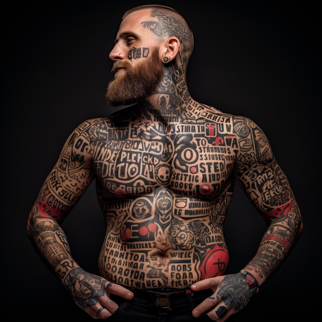 Man with Tattooed Body Phrases  ?