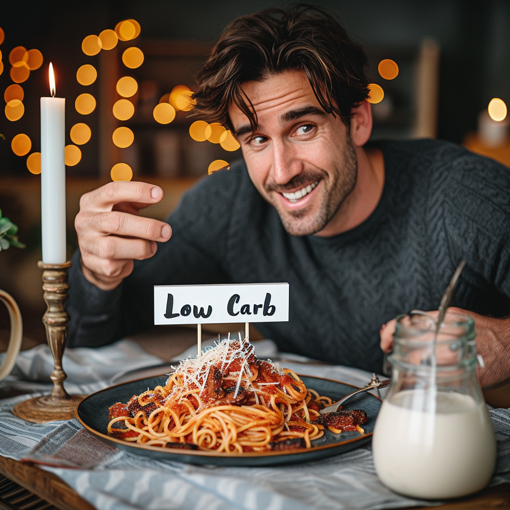 man sitting at dinner table with low carb sign