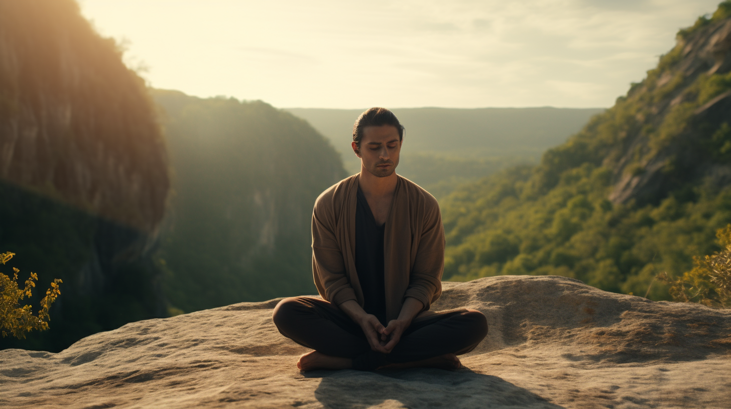 Serene man sitting overlooking cliff with prayer hands