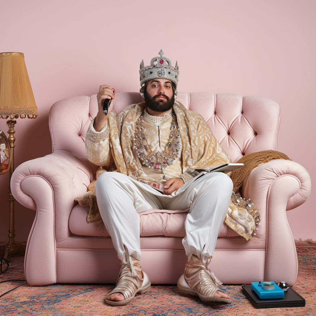 Indian man in Mughal attire watching TV on sofa