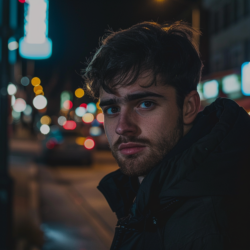 Man standing severe night street