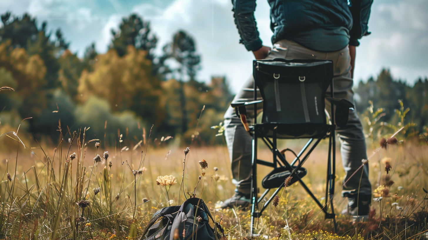 Man unfolding chair on field