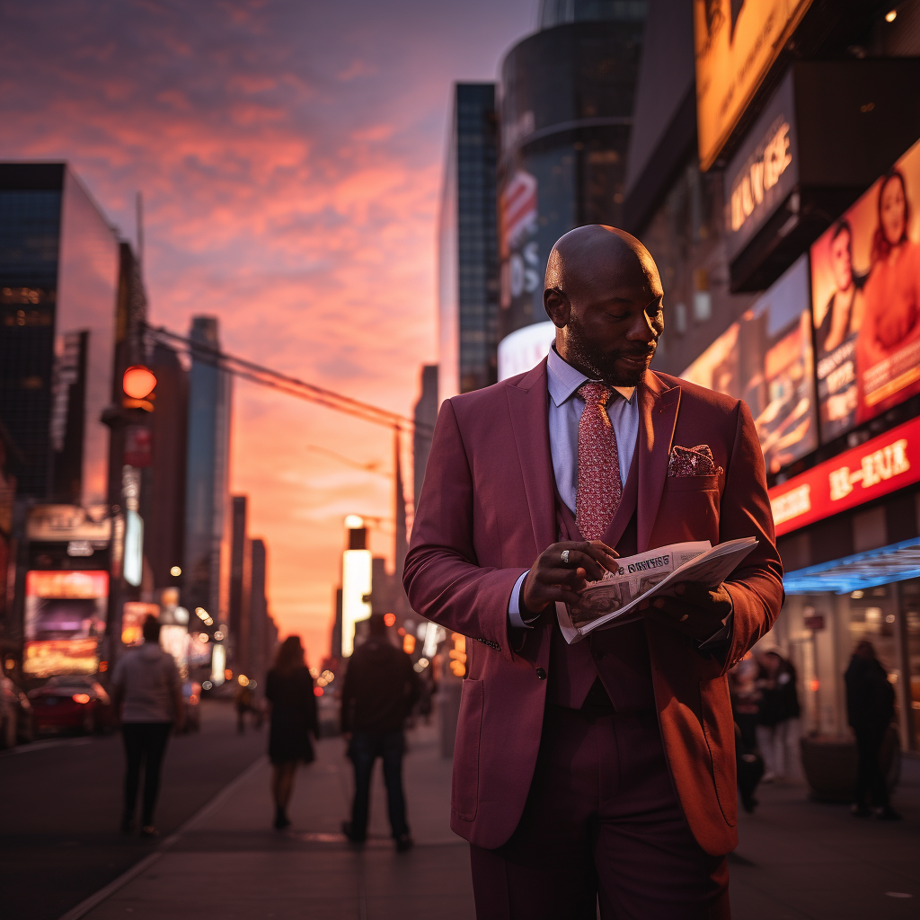 Smiling man reading Bible in NYC sunset