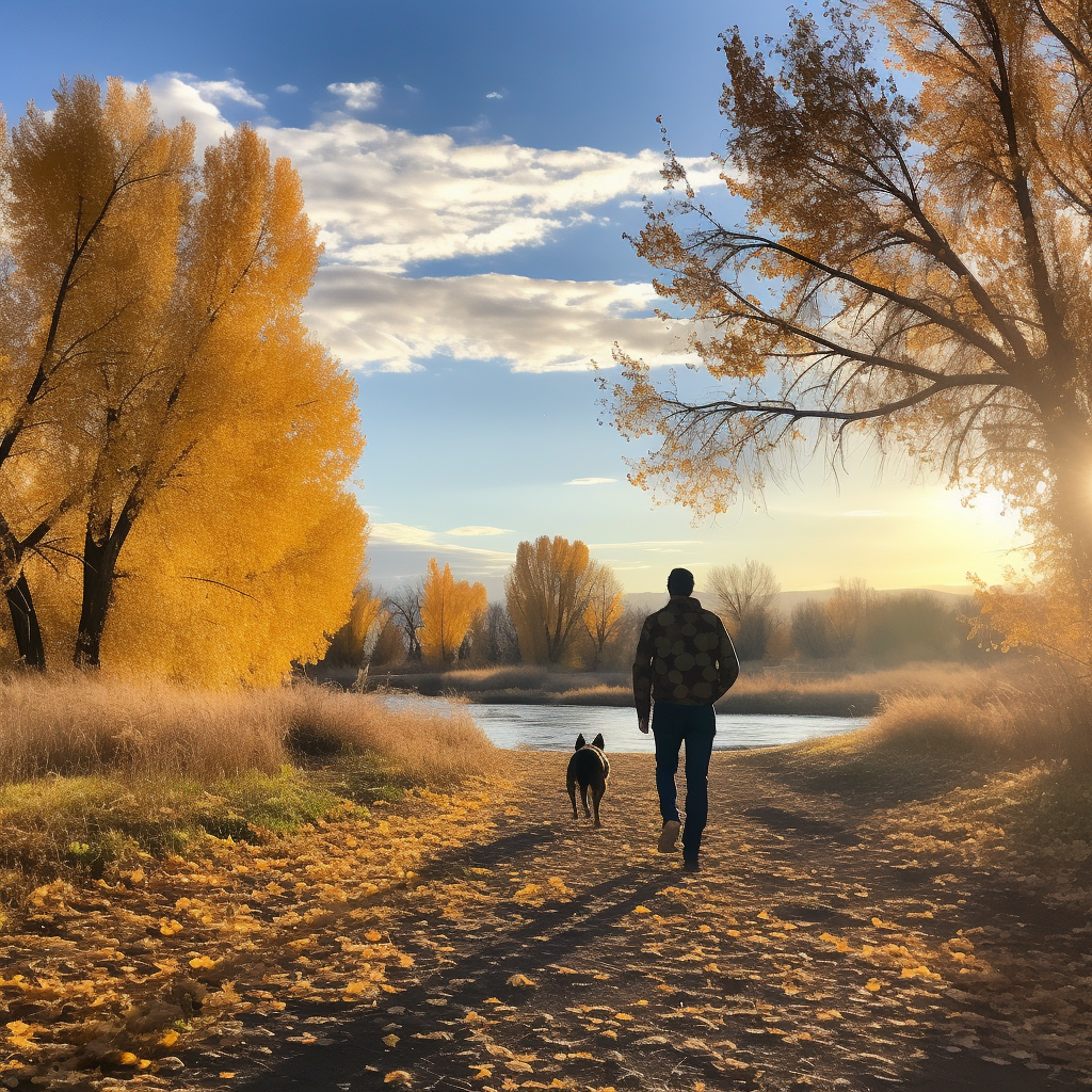 Man walking dog on path by river surrounded by cottonwood trees